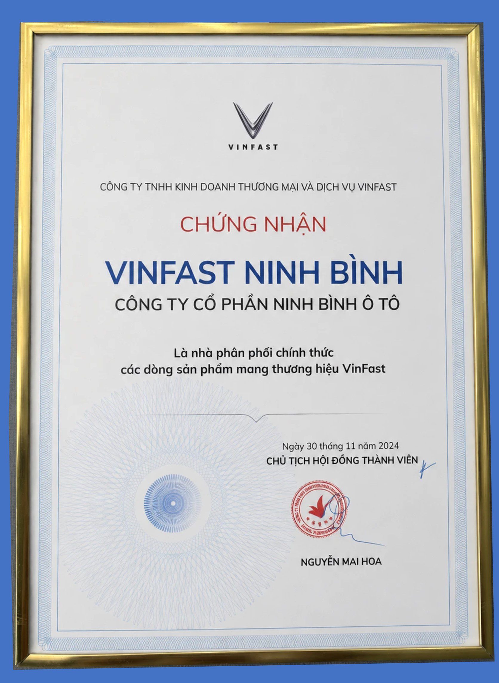 chứng nhận vinfast nình bình